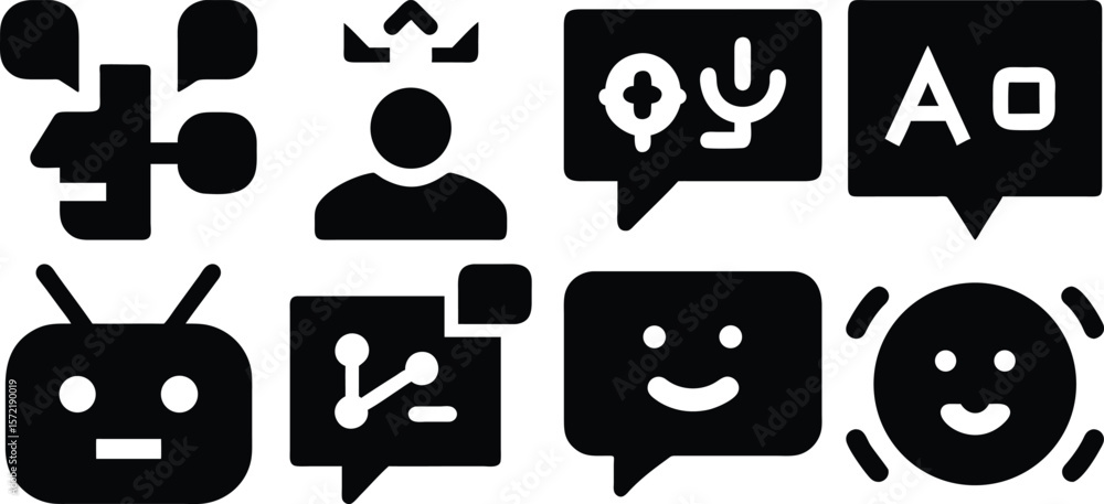 Poster vector art of a set of communication icons featuring speech bubbles, user profiles, robots, and ai s