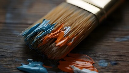 Paintbrush with blue and orange paint on wood.