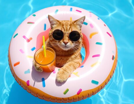 A stylish ginger cat enjoys a refreshing poolside beverage while lounging in a donut-shaped float.