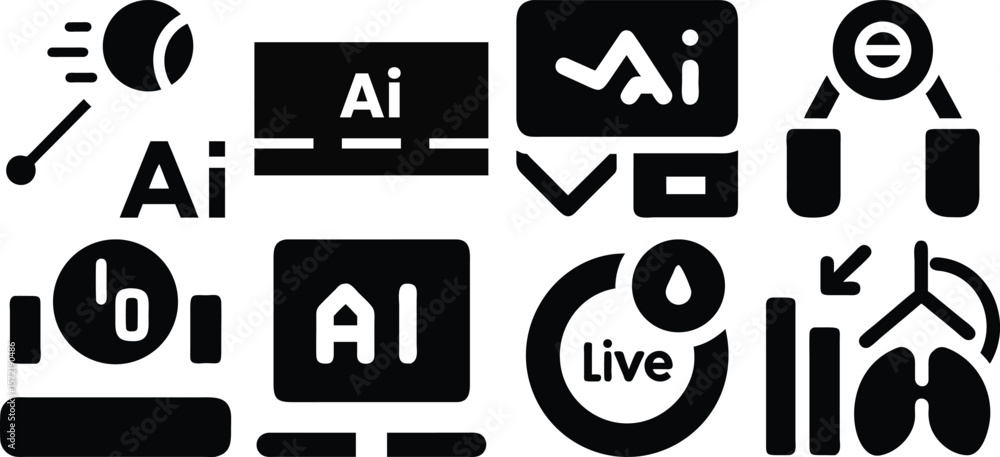 Poster vector art of a set of sleek ai icons, displaying various aspects of data analysis, machine learning