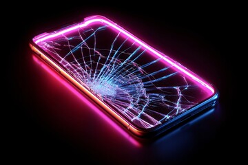 Cracked phone screen resembling a spider web, illuminated by neon lights, symbolizing fragility.