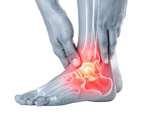 Human ankle with highlighted pain area representing injury, medical condition, or discomfort, isolated on white background
