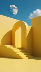 Yellow archway stairs leading to a doorway under a surreal moon.