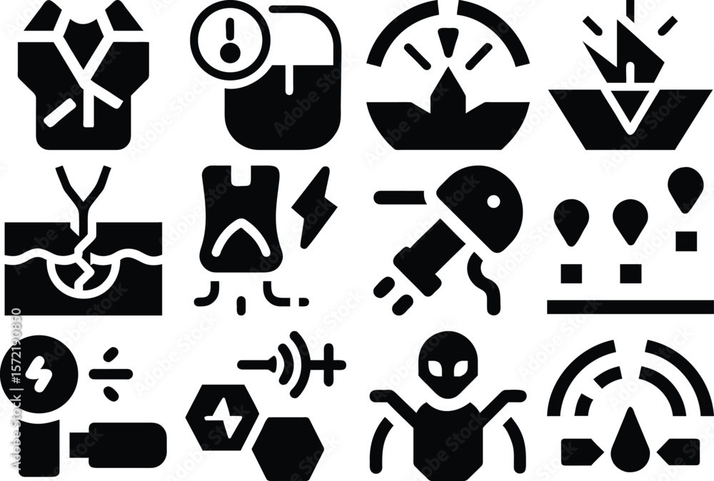 Poster vector art of a comprehensive set of black glyph icons depicting various technological and scientifi