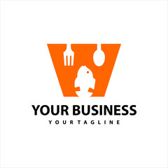 This food logo design combines the letter w with a fish and a fork, perfect for a food business. The color orange is used in this logo
