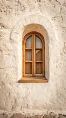 Rustic wooden window in old stone wall