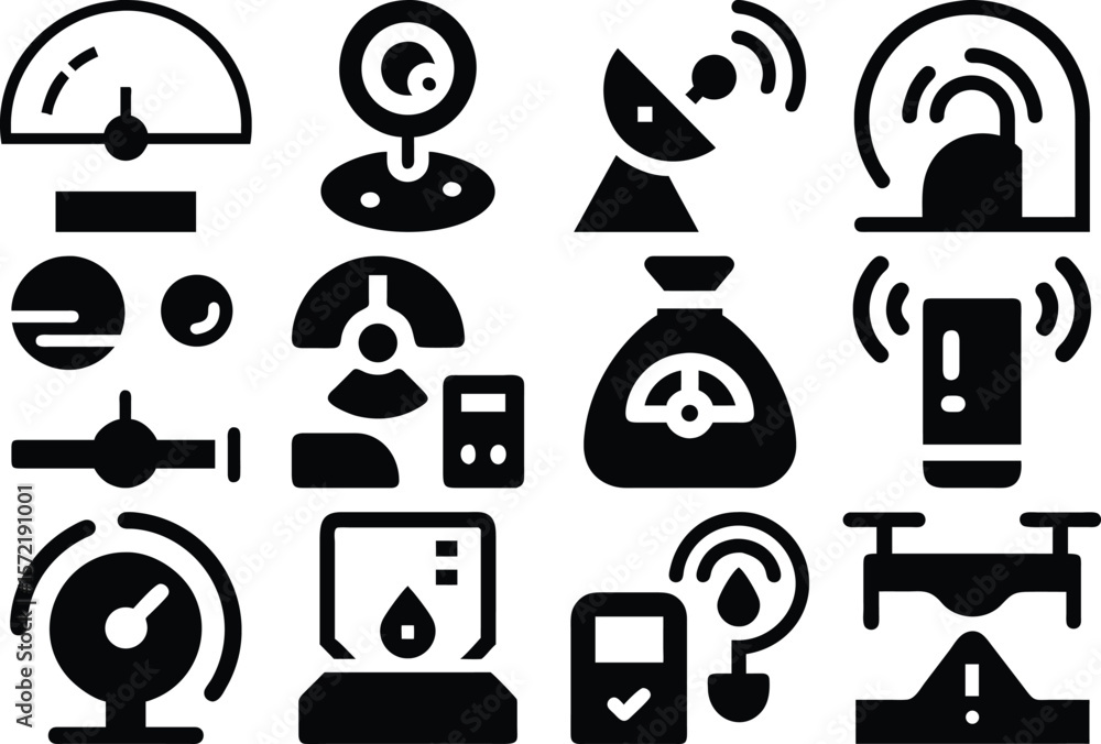 Poster vector art of a comprehensive set of black glyph icons illustrating various measurement and control 