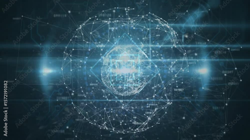 Poster opening glowing points coalescing into rotating wireframe globe displaying labels representing data