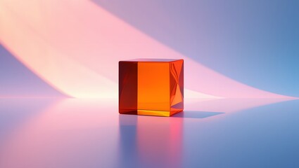 Orange glass cube on a light blue surface.