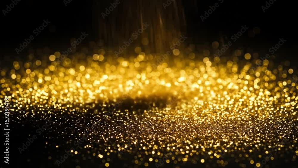 Poster close up shot of golden glitter particles scattered on a dark surface with bokeh effect lights