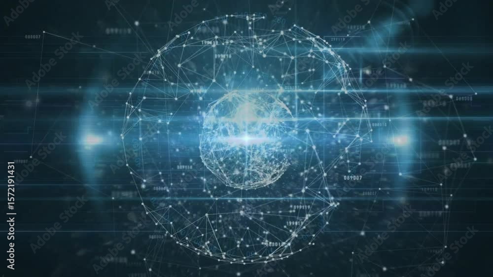 Poster faint light points coalescing into sphere, mesh forming lattice, nodes pulsing visualizing data
