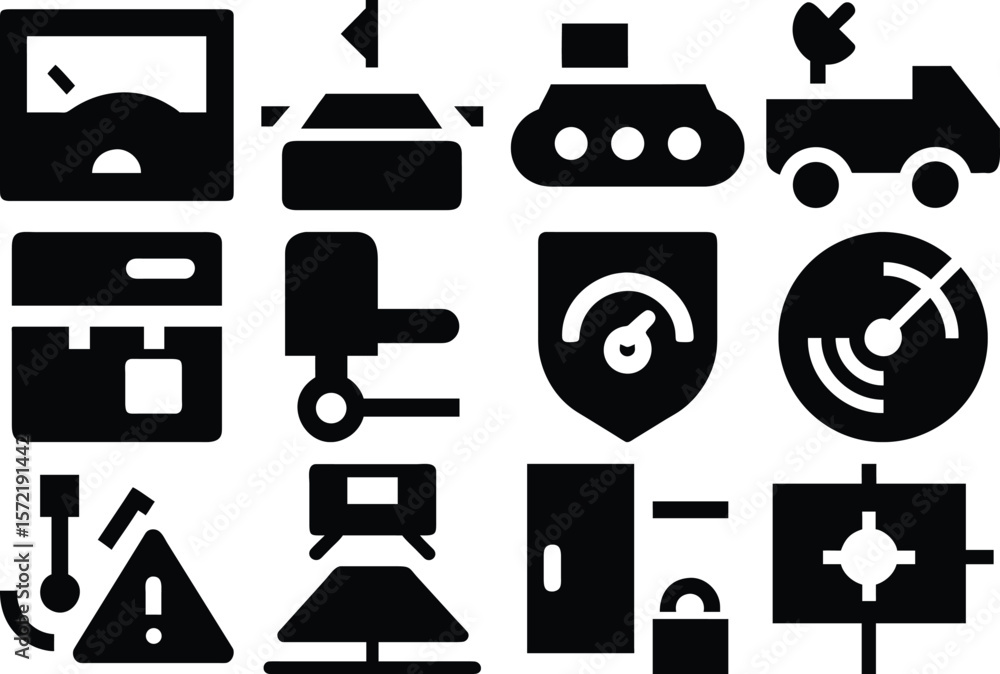 Poster vector art of a set of sleek vector icons depicting various vehicle control panels, gauges, and safe