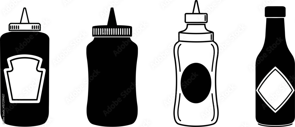 Poster vector illustration of various condiment bottles including ketchup mustard and hot sauce bottles set