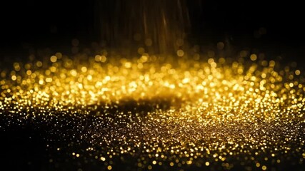 Close up shot of golden glitter particles scattered on a dark surface with bokeh effect lights - Powered by Adobe