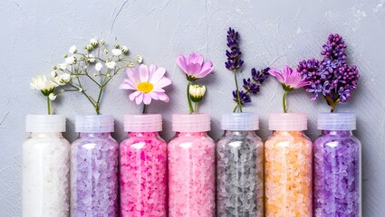 a vibrant and colorful display of flower arrangements inside transparent jars.