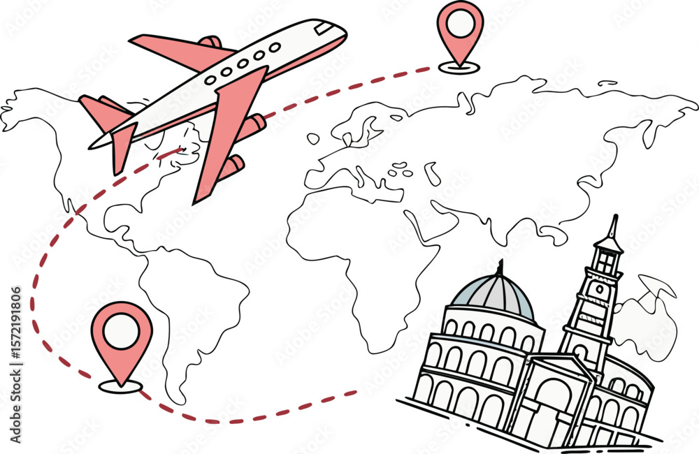 Fototapete tourism and travel concept. plane travelling from start point to end point with dotted line tracing.