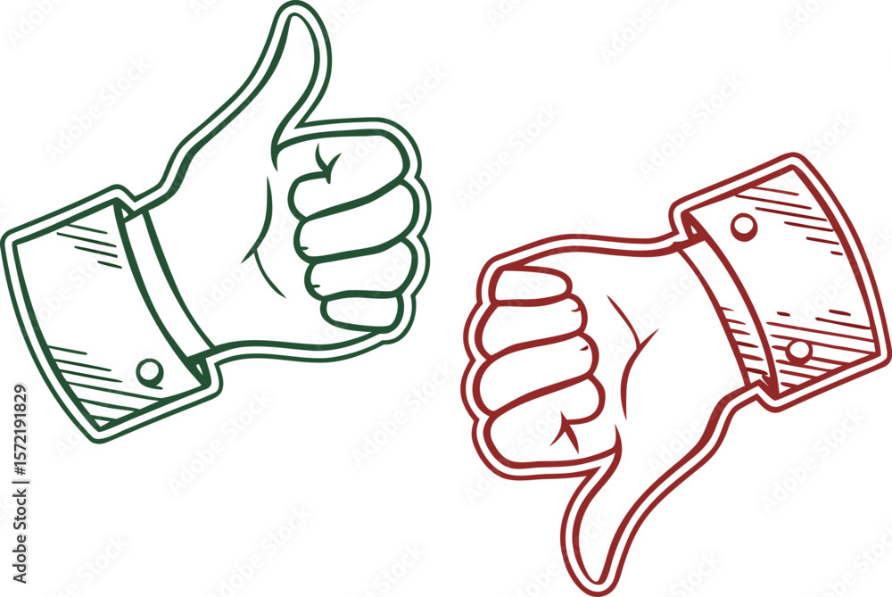 Poster like and unlike button. thumbs up and down outline button for good or bad feedback. vector symbol on