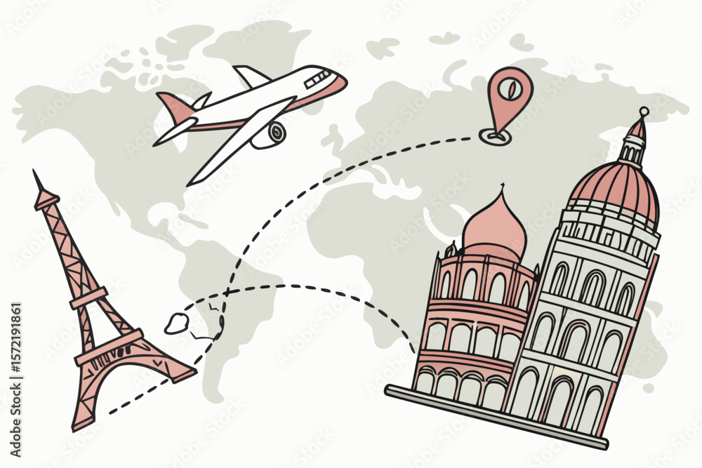 Fototapete tourism and travel concept. plane travelling from start point to end point with dotted line tracing.