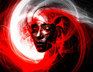 An abstract portrait of a face enveloped in swirling red and white light, conveying intense emotion, digital presence, or a powerful, ethereal consciousness.