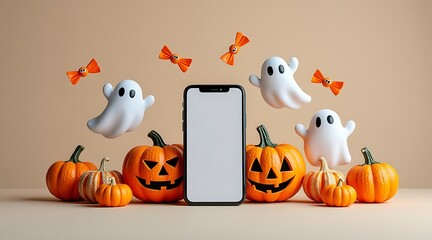 Mobile phone surrounded by playful ghosts and jack o lanterns with candy for a festive halloween celebration