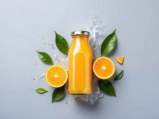 freshly squeezed orange juice in a glass bottle with some cut oranges and leaves.