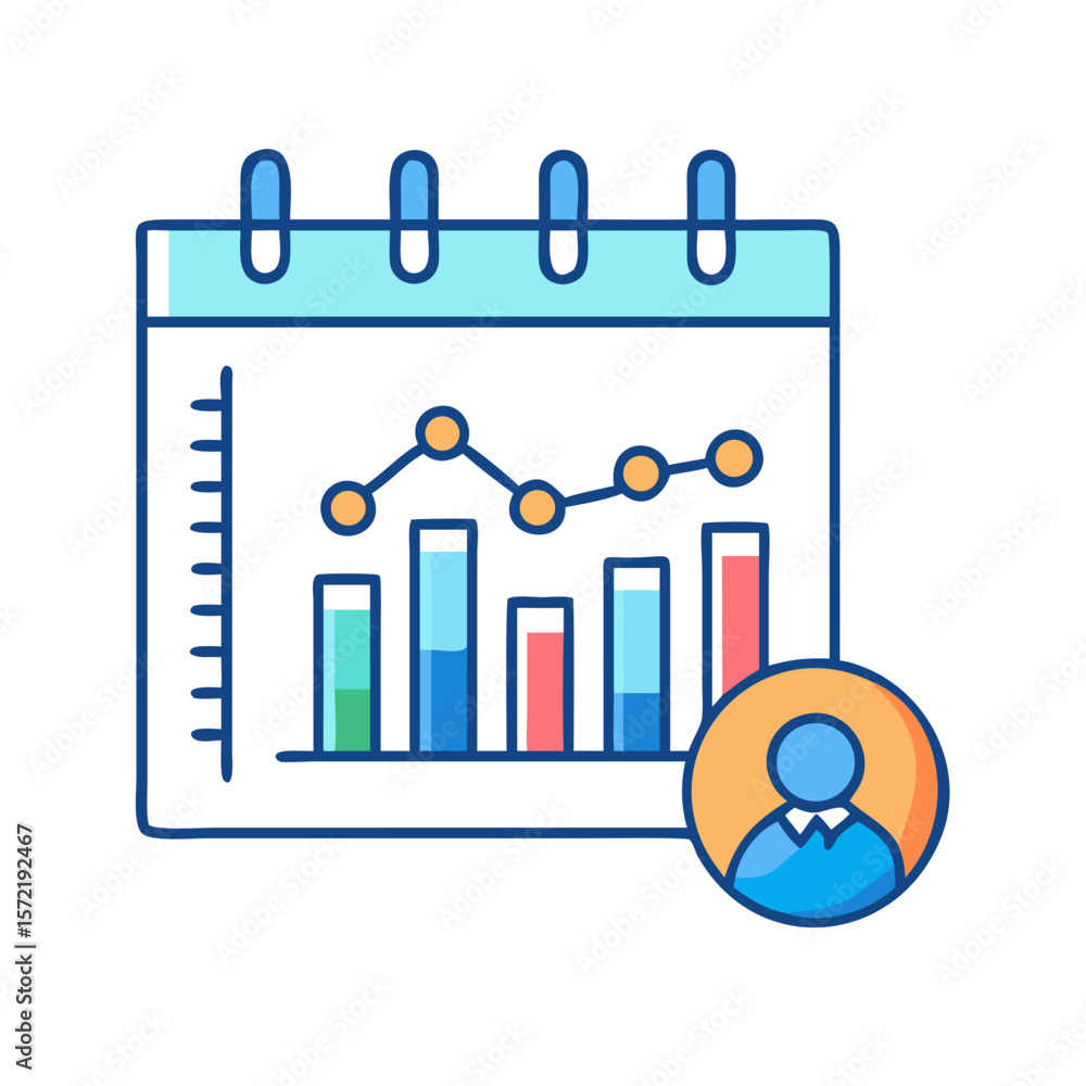 Poster calendar with graphs and user icon for business metrics