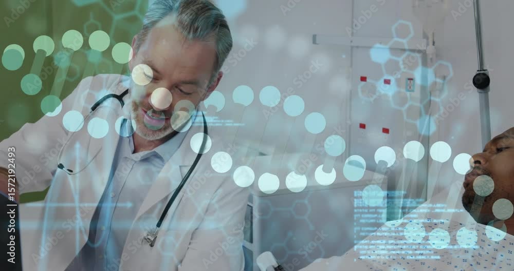 Poster doctor tapping sensor and visualizing live molecular code overlay in hospital assessing radiograph