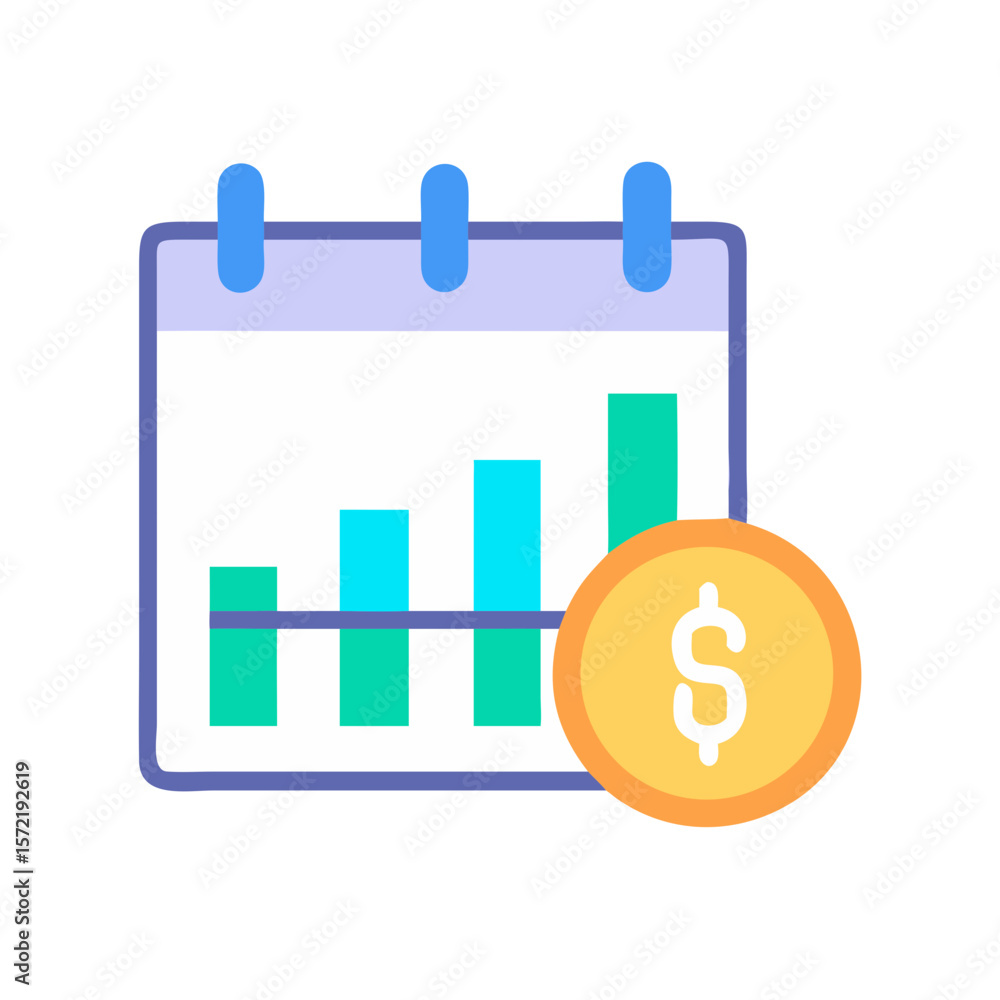 Poster calendar with bar graph showing growth and coin icon