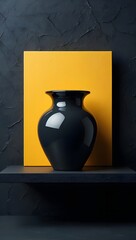 An elegant dark vase against a yellow backdrop on a shelf.