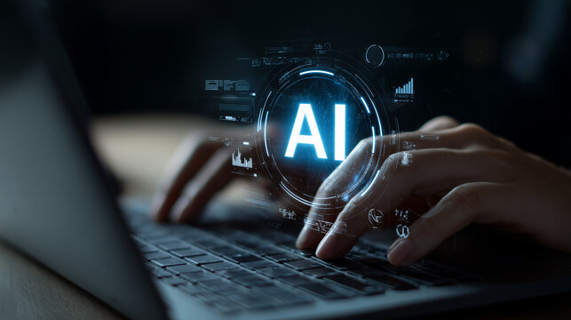 AI agent supporting business processes with automation technology. Generative artificial intelligence analyzing data and predicting future. Businessman using laptop computer. - Powered by Adobe