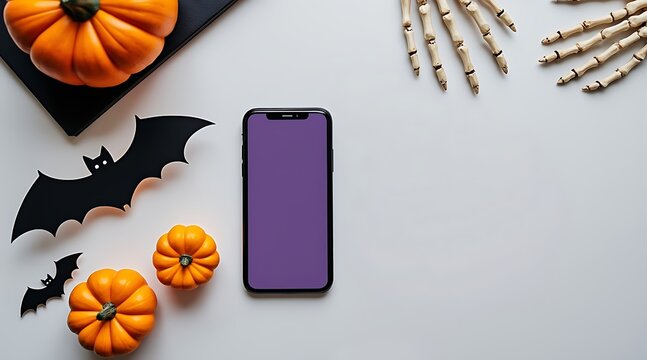 Halloween flat lay with pumpkins bats skeleton hands and a smartphone with a purple screen - Powered by Adobe