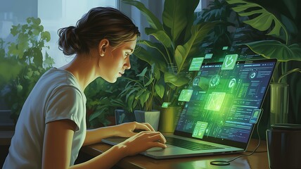 Young woman focused on laptop screen displaying futuristic green data visualizations and charts