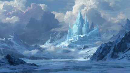 Naklejka premium Fantasy castle in snowy mountains with ice architecture illustration