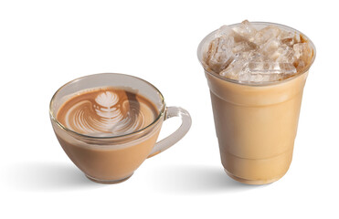 Hot coffee latte with art and iced latte side by side