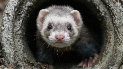 Fototapeta premium Ferret in burrow detail portrait