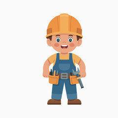 Fototapeta premium Cartoon construction worker vector illustration of a handyman builder with tools and hard hat drawing design