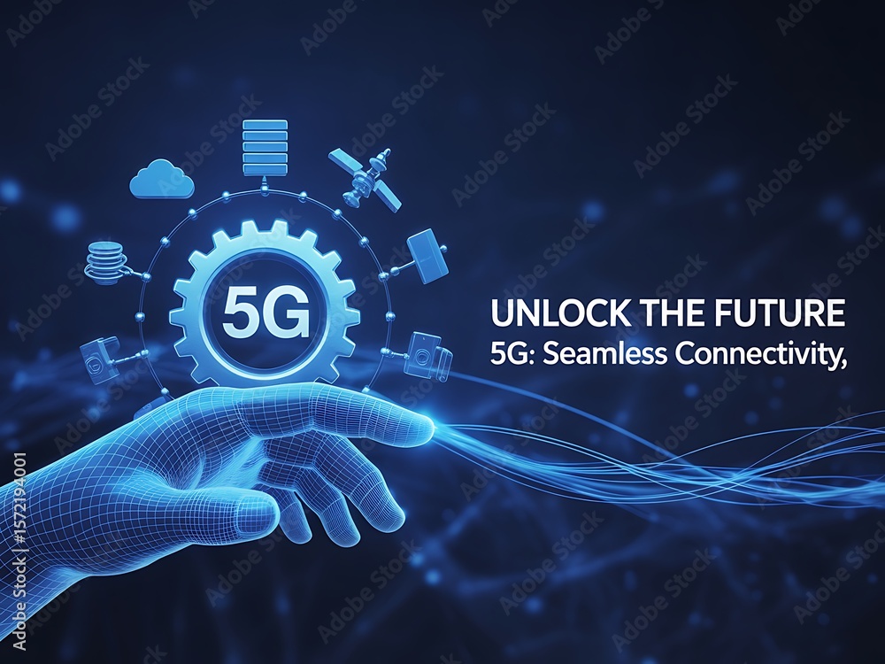 Poster futuristic digital network connection with glowing blue technology elements and a wireframe hand fut