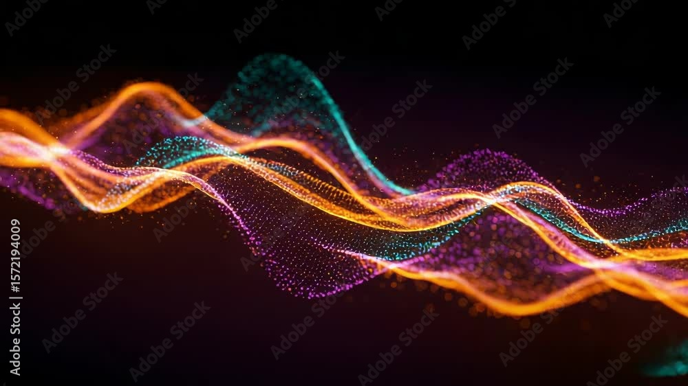 Poster abstract waves of glowing particles flow across a dark background