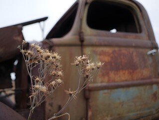 rusty old truck with dried flowers.