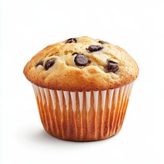 Single chocolate chip muffin in paper liner on white background. (1)