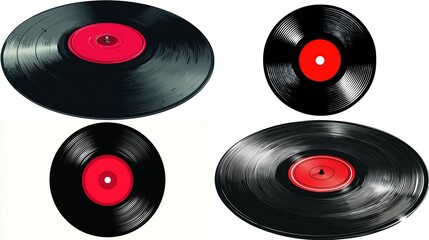 Collection of four vinyl records with red labels, showcasing various sizes and perspectives, ideal for music enthusiasts or retro design projects
