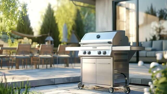 Stainless steel grill placed on patio surrounded by green plants and outdoor furniture during sunny day