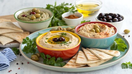 Colorful bowls of hummus with pita bread and olive oil on a serving tray