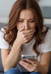 Woman expresses distress while looking at her mobile device
