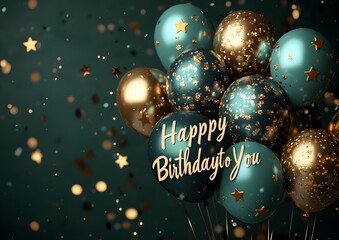 Festive Birthday Balloons with Gold Confetti and "Happy Birthday
