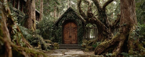 Fototapeta premium Secret resort concept. A mystical cabin surrounded by lush greenery and towering trees.