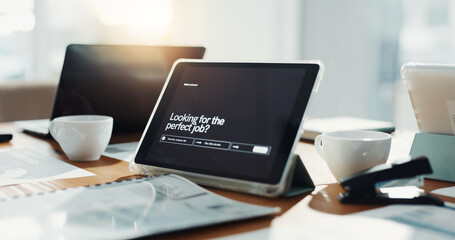 Empty office, tablet and screen for job search website with user experience, web and recruitment app. Workplace, touchscreen and tech with paperwork, homepage and virtual display at HR company