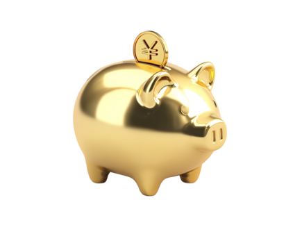 Golden Piggy Bank with Yen Coin Financial Savings Investment Banking and on transparent background