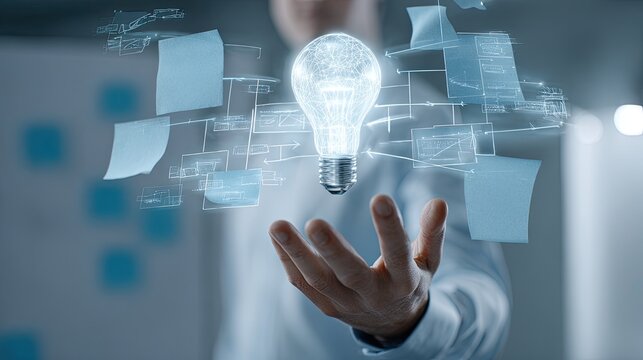 A futuristic team collaboration environment with a virtual lightbulb projected in midair surrounded by floating augmented reality interfaces