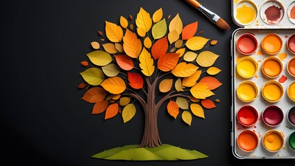 A vibrant artwork with colorful leaves, a brush, and watercolor paints.